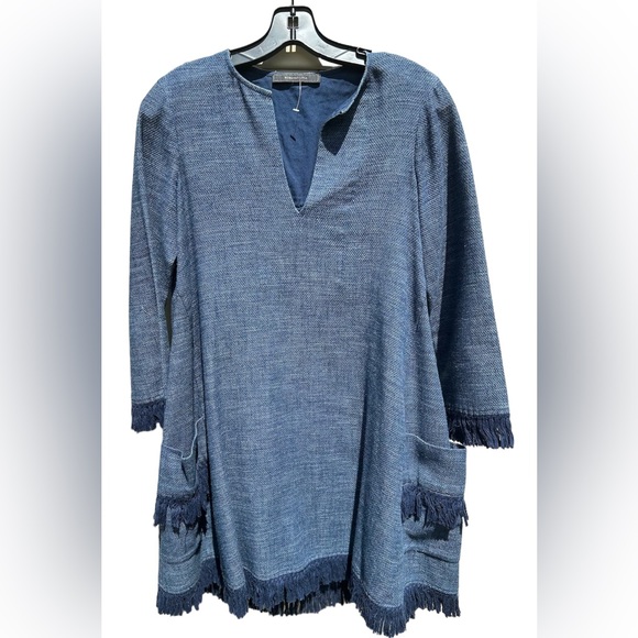 BCBG Swing Fringe Dress Size XXS Oversize Trysta Woven Cotton Denim Blue Pockets - Picture 3 of 8